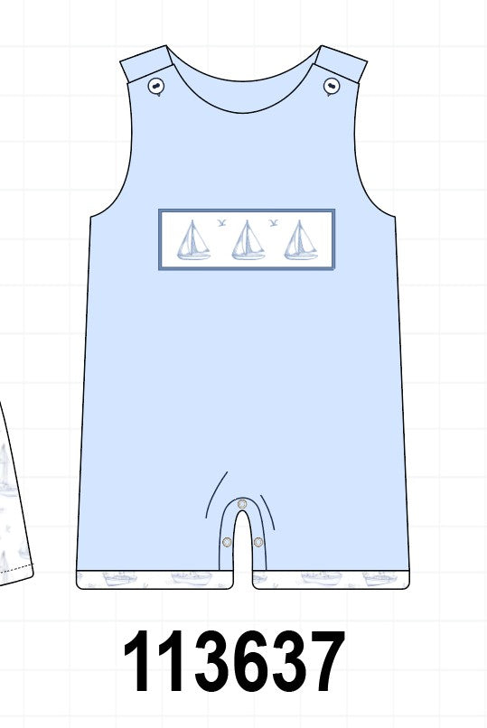 Blue Sailboat Embroidered Jon Jon