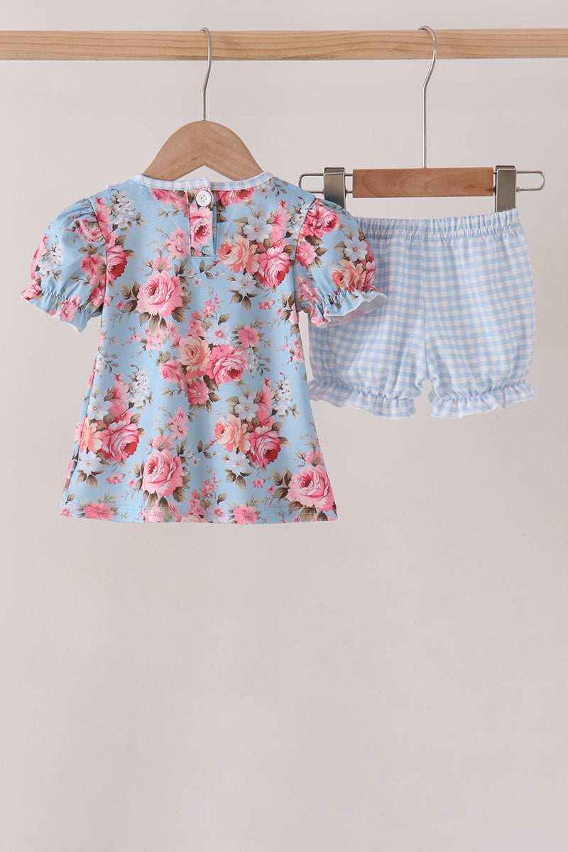 Blue rose floral ruffle bloomer set