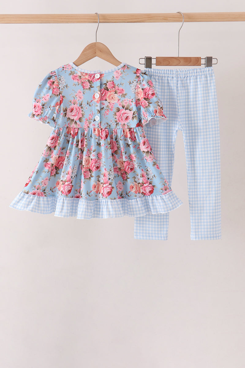 Blue rose floral ruffle pants set