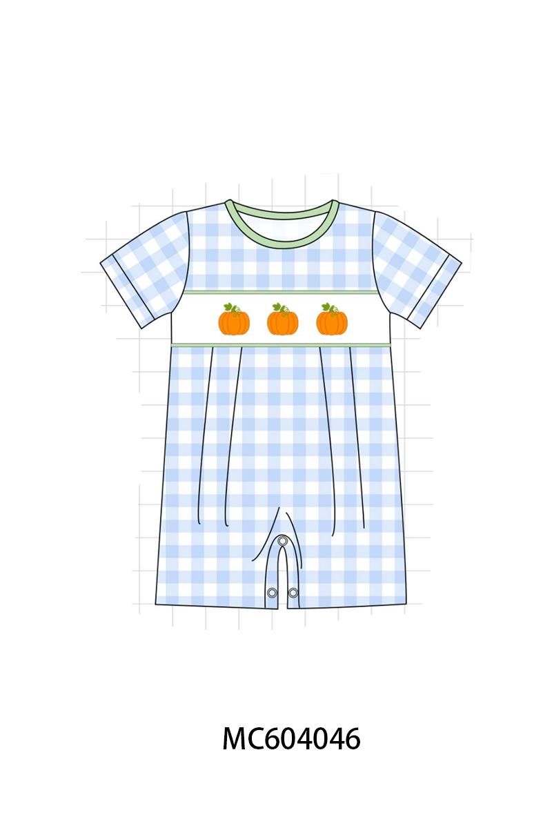 Blue Pumpkin Embroidery Gingham Romper