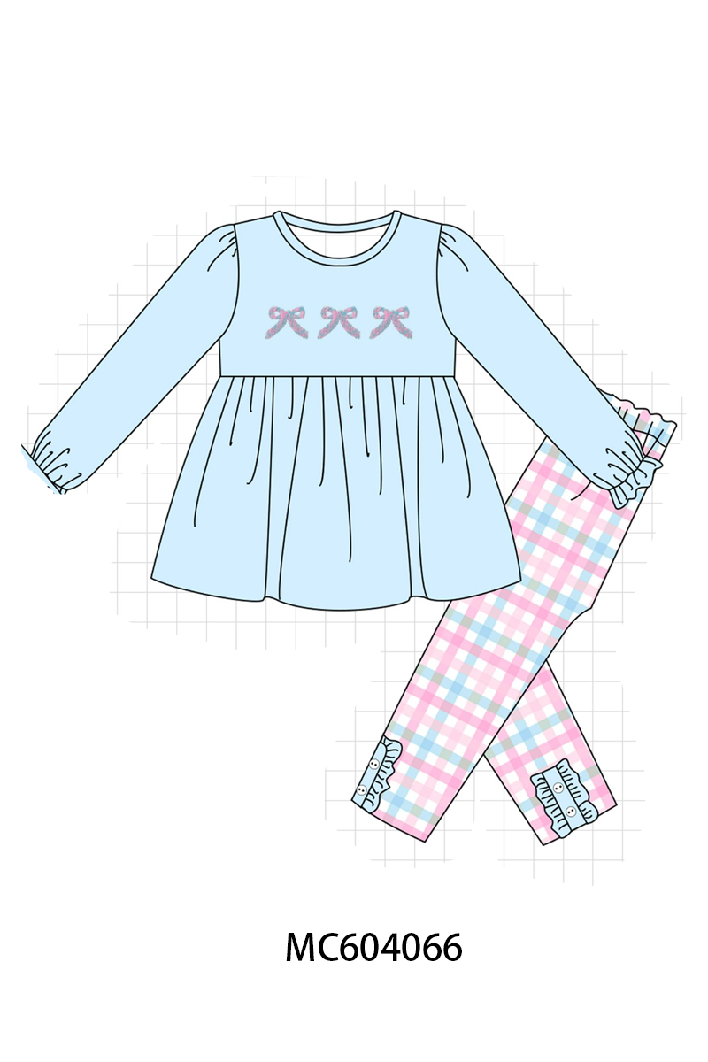Blue bow french knot plaid pants set