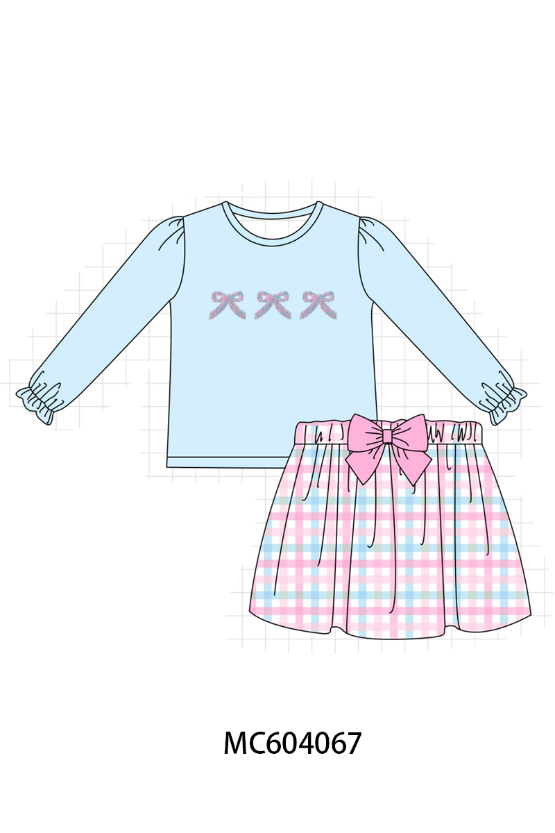 Blue bow french knot plaid skorts set