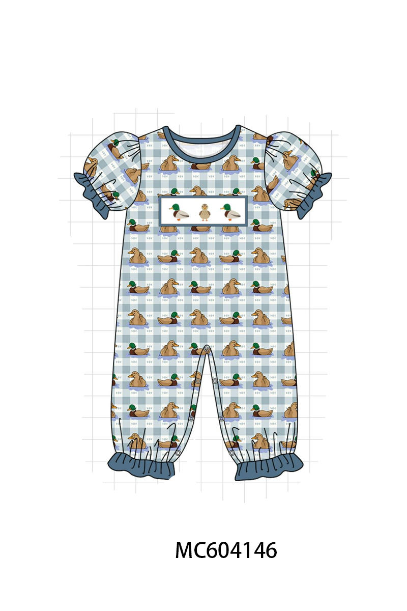 Blue mallard duck embroidery ruffle romper