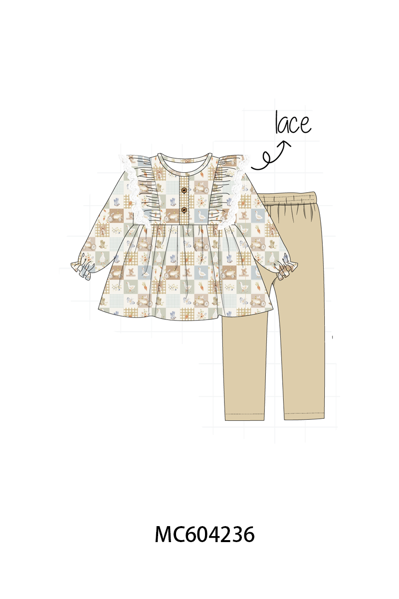 Khaki farm checkered ruffle pants set