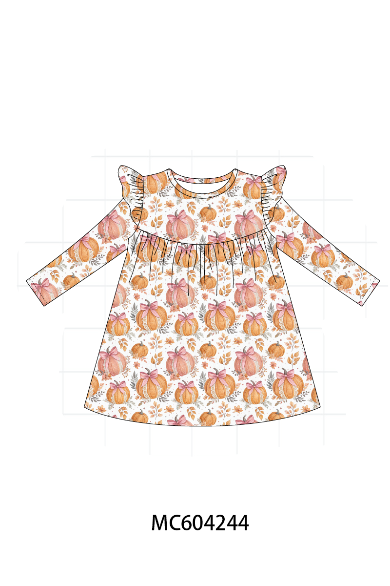 Orange Pumpkin Print Ruffle Dress