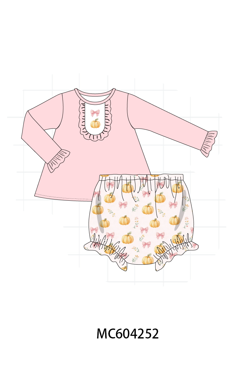 Pink pumpkin bow embroidery ruffle bloomer set