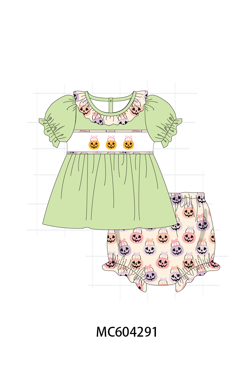 Green Jack-O-Lantern embroidery ruffle bloomer set