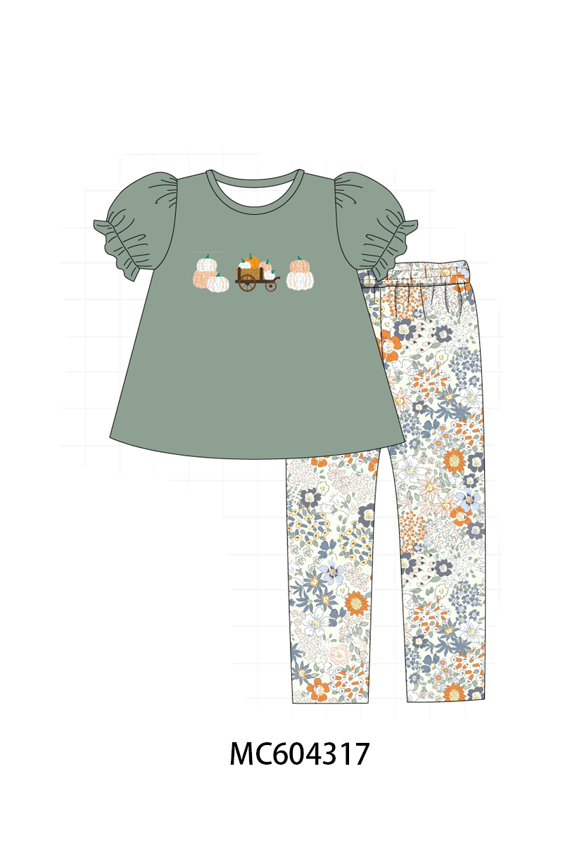 Green pumpkin french knot pants set
