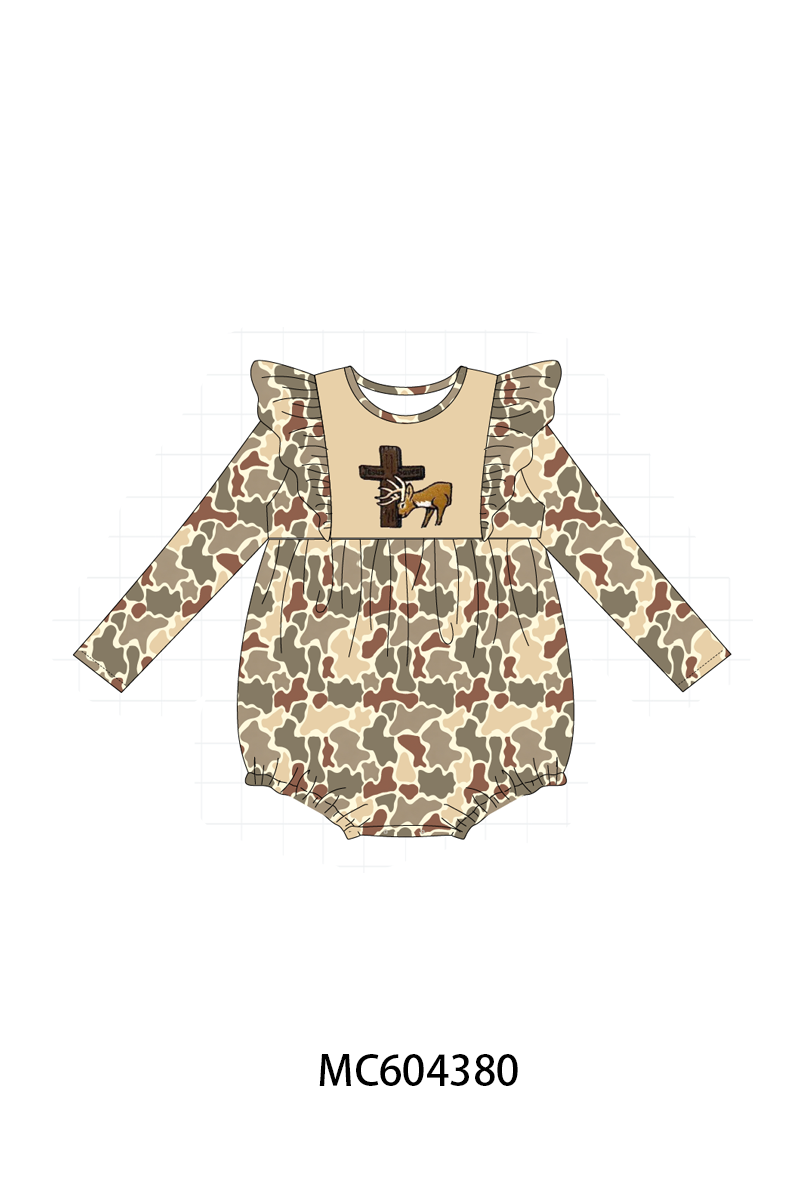 Khaki camoufalge cross deer embroidery ruffle bubble