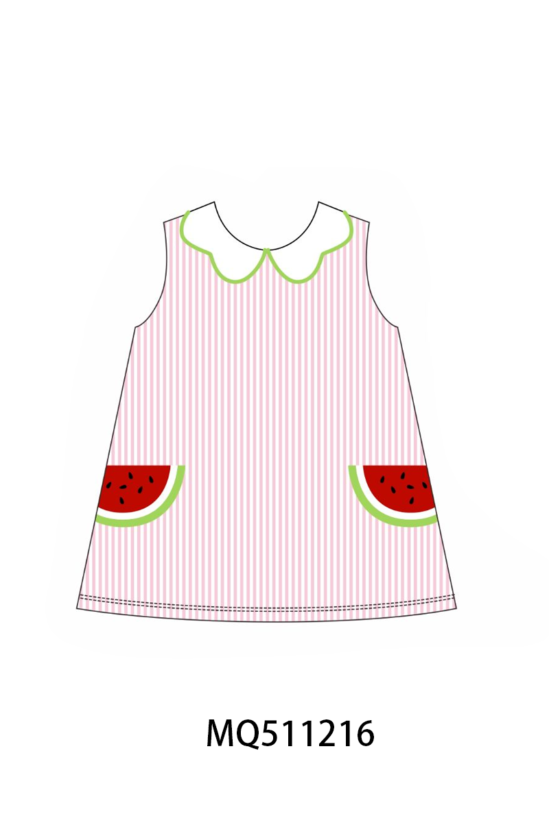 Pink stripe watermelon embroidery seersucker dress