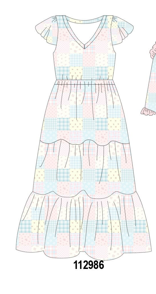 Pink patchwork floral tiered dress