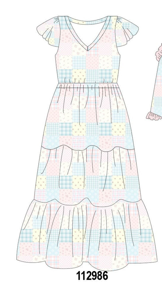 Pink patchwork floral tiered dress