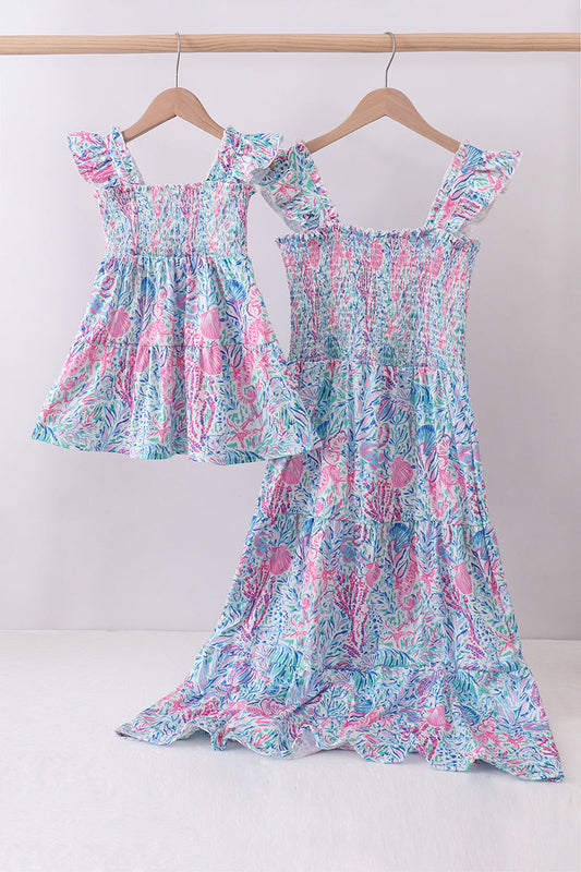 Blue marine smocked ruffle tiered mom&me dress