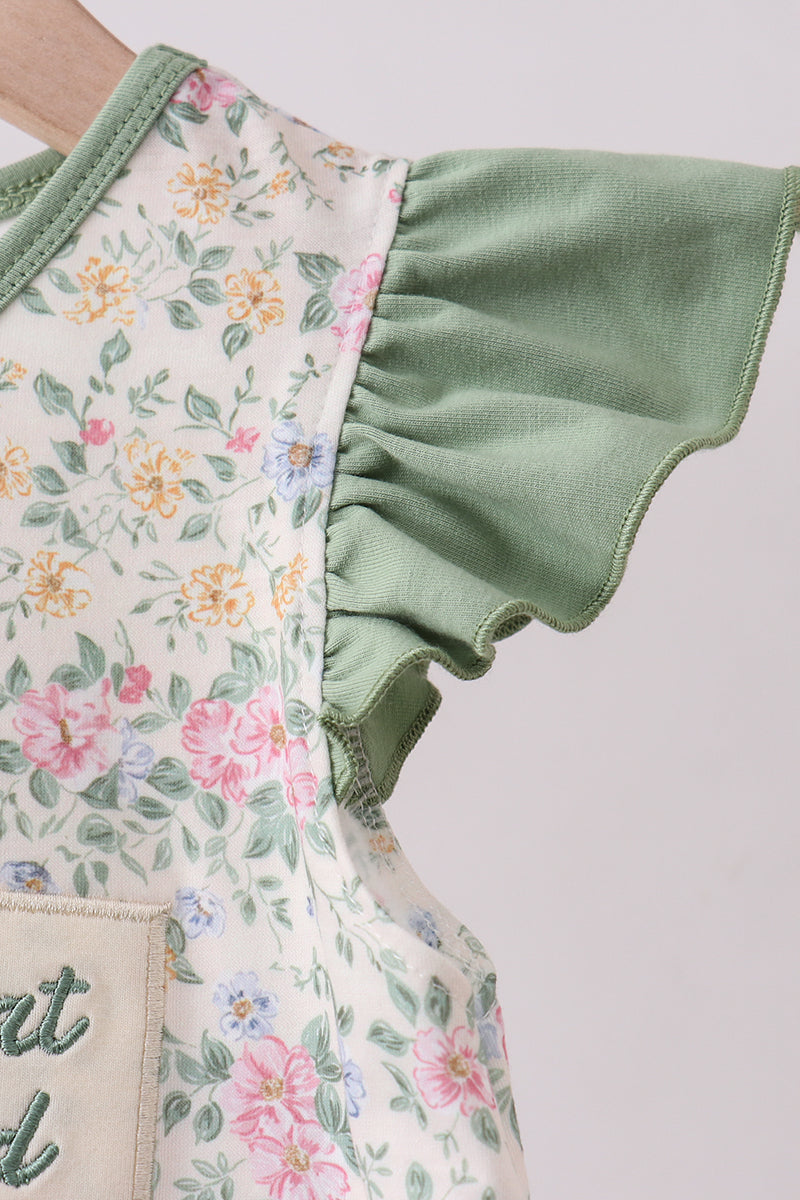 Green floral print bow ruffle dress