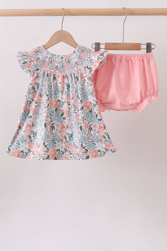 Pink Floral Smocked Bloomer Set