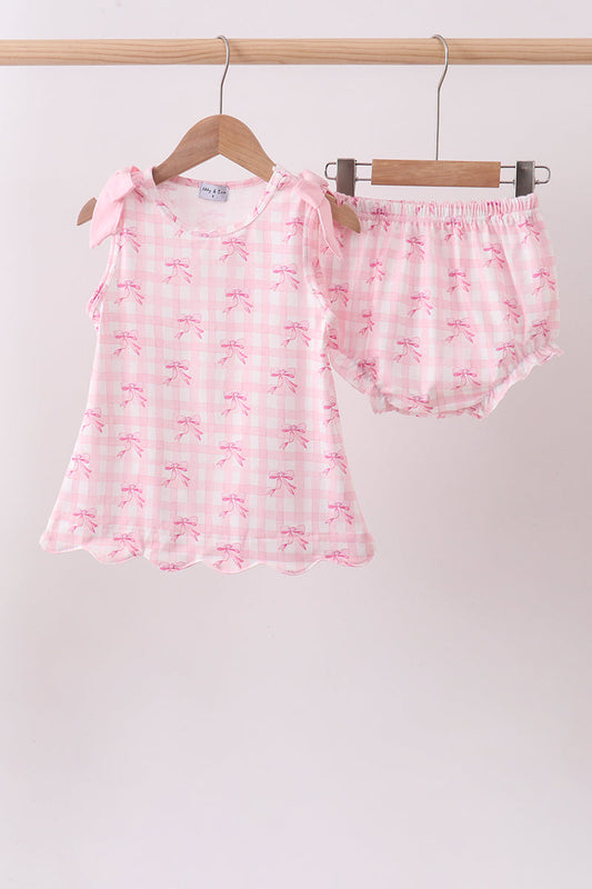 Pink bow print scalloped bloomer set