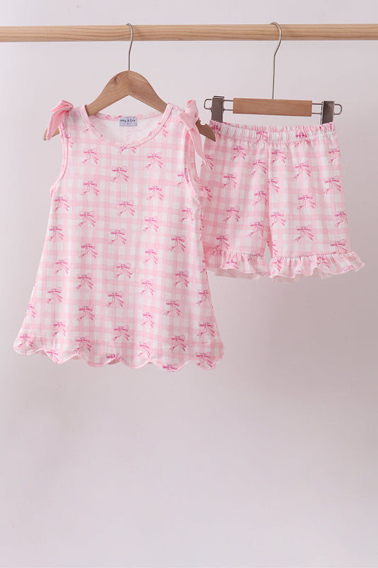 Pink bow print scalloped ruffle shorts set