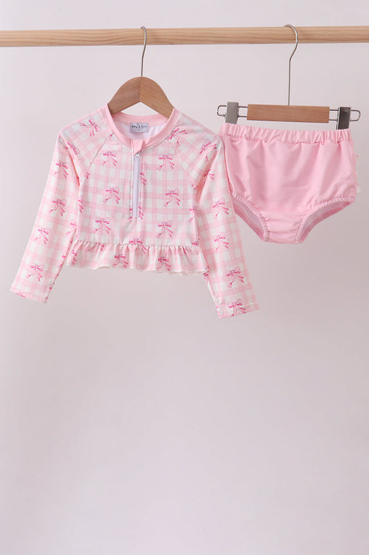 Pink bow print ruffle zipper 2pc swimsuit