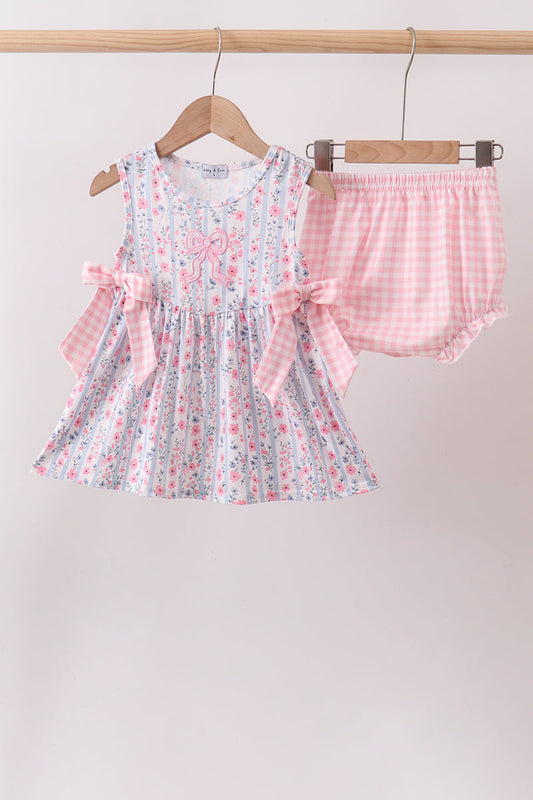Pink Floral Applique Bow Bloomer Set