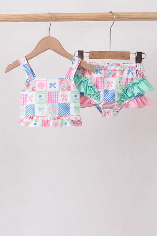Green Bow Checkered Ruffle 2pc Swimsuit