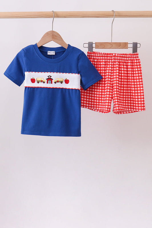 Navy School Bus Smocked Gingham Shorts Set