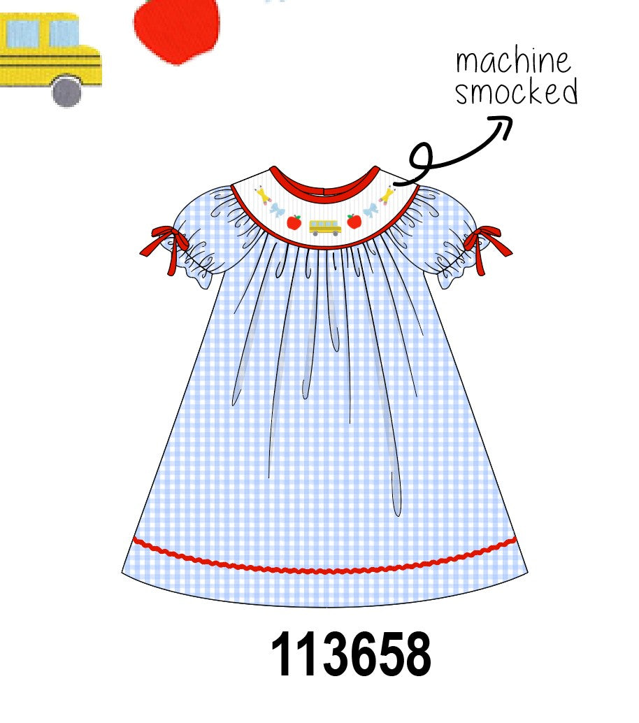 Blue School Bus Smocked Gingham Dress