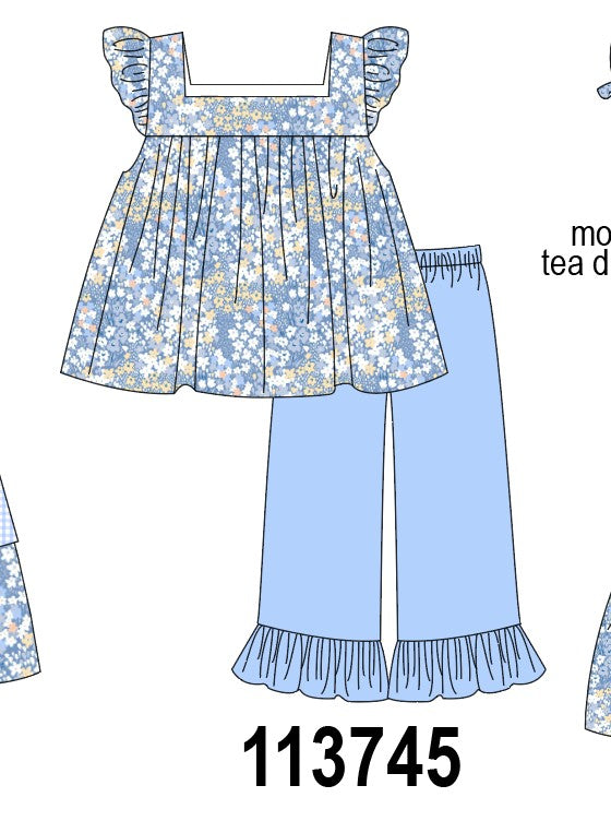 Blue Floral Print Ruffle Pants Set