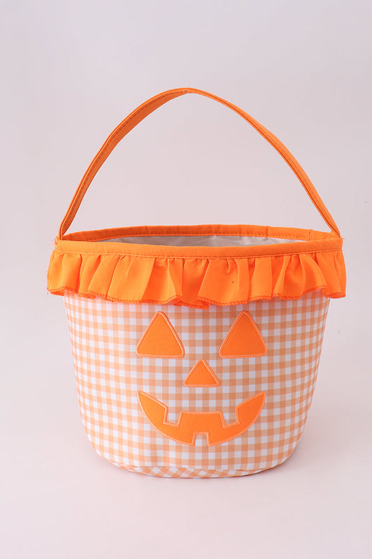 Orange Pumpkin Applique Gingham Ruffle Basket