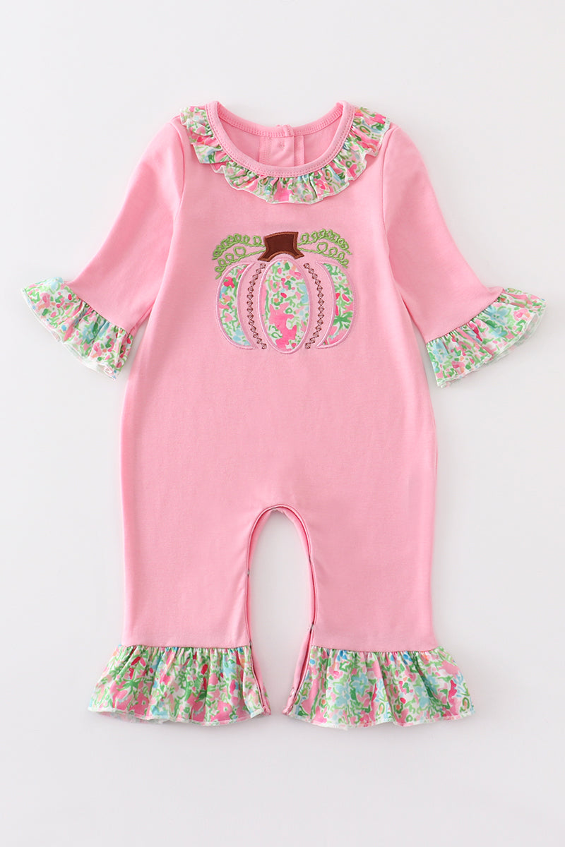 Pink pumpkin applique girl romper