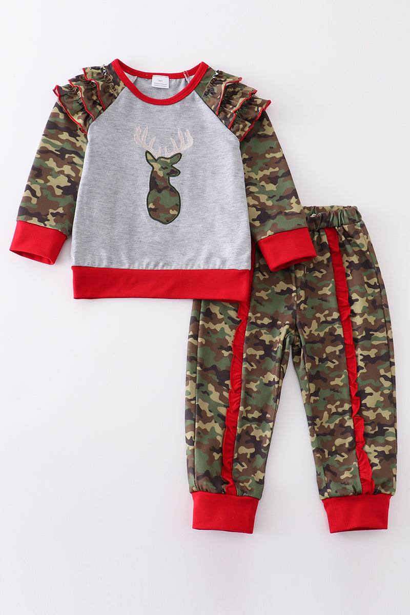 Camouflage print deer applique girl set