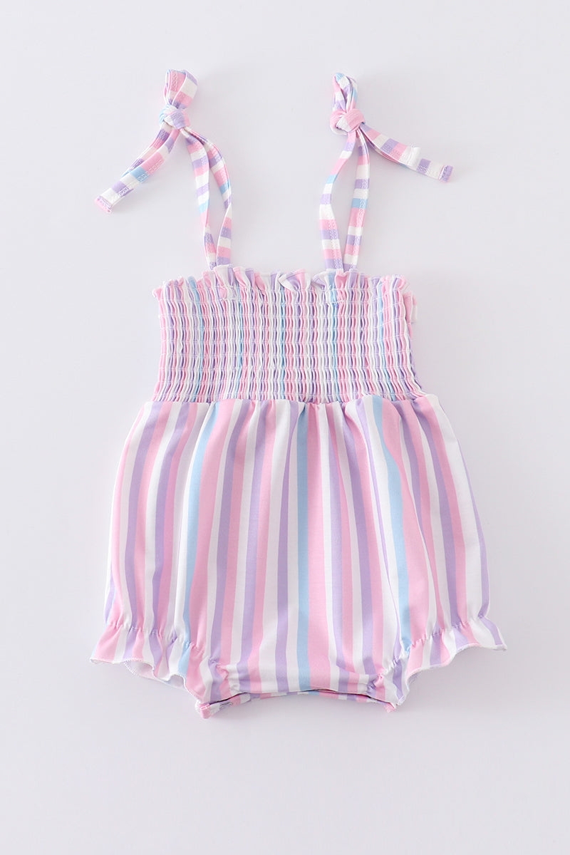 Purple stripe smocked strap girl bubble