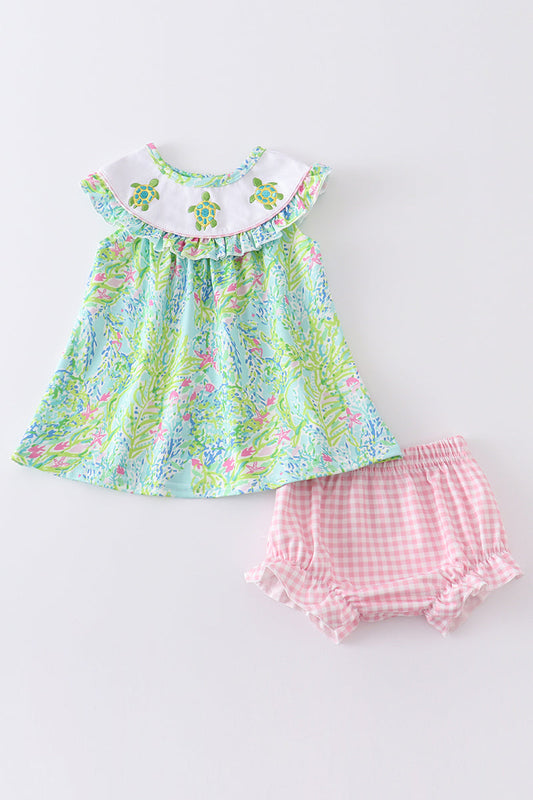 Green Turtle Embroidered Bloomer Set