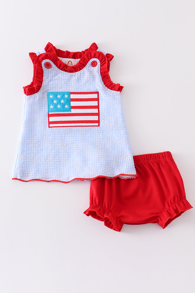 Patriotic flag applique seersucker girl set