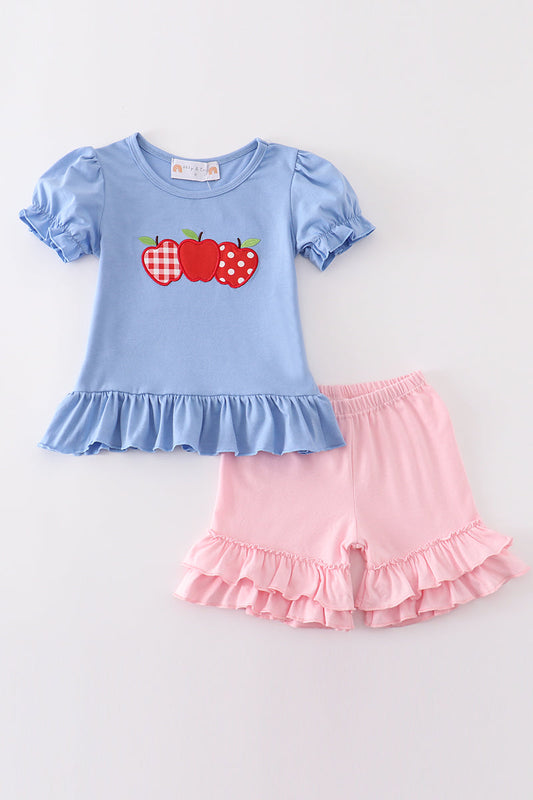 Blue apple applique girl set