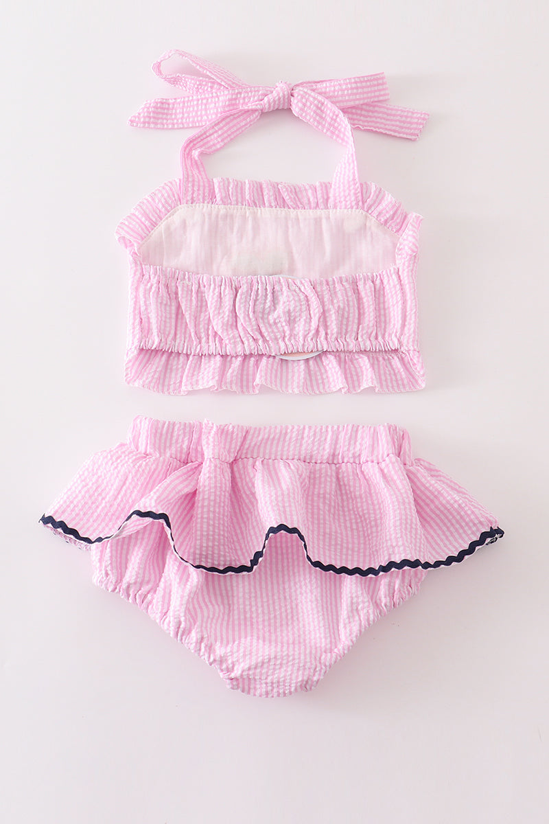 Pink seersucker mermaid embroidery 2pc girl swimsuit