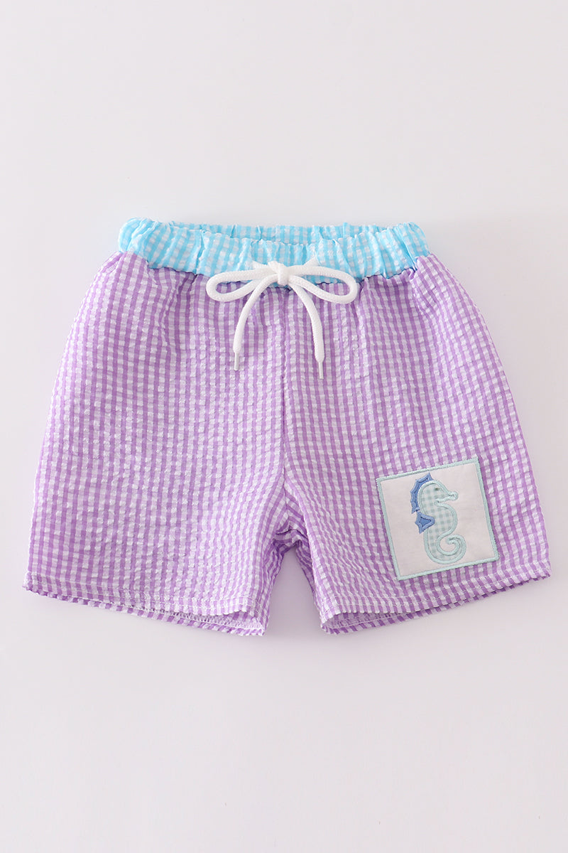 Purple seersucker seahorse embroidery boy swim trunks