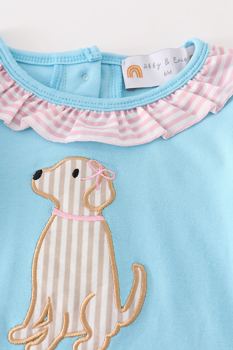 Blue puppy applique girl romper