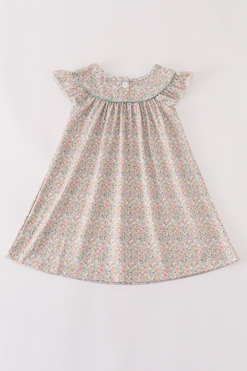 Pink floral print pumpkin embroidery girl dress