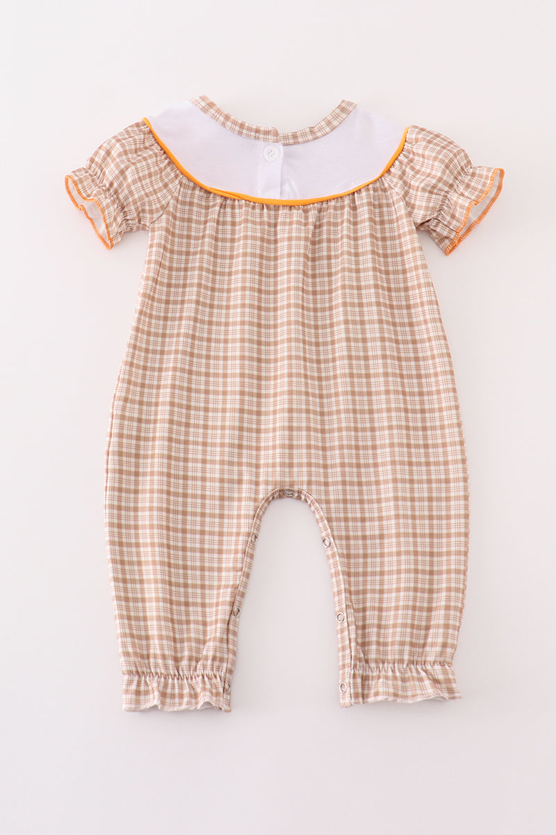 Brown plaid turkey french knot girl romper