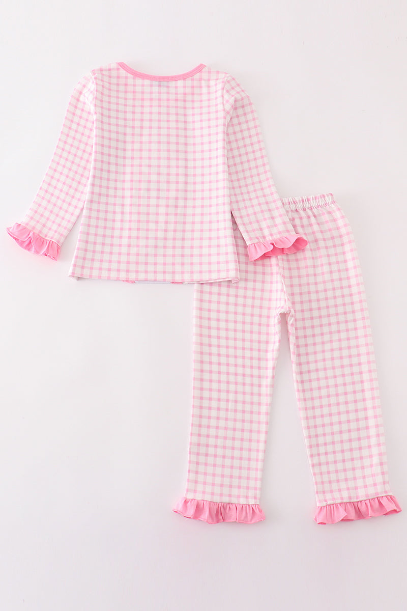 Pink pumpkin embroidery plaid girl set