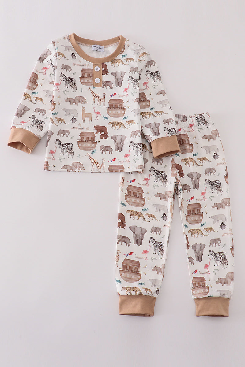 Noah's Ark animal print boy pajamas set