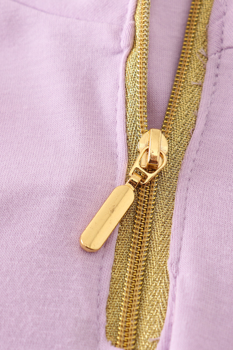 Purple character embroidery zip girl pullover