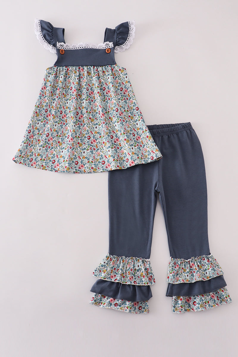 Blue meadow charm lace ruffle pants set
