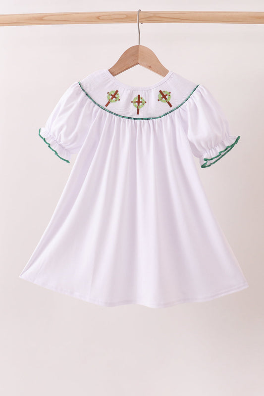 White wreath smocked dress