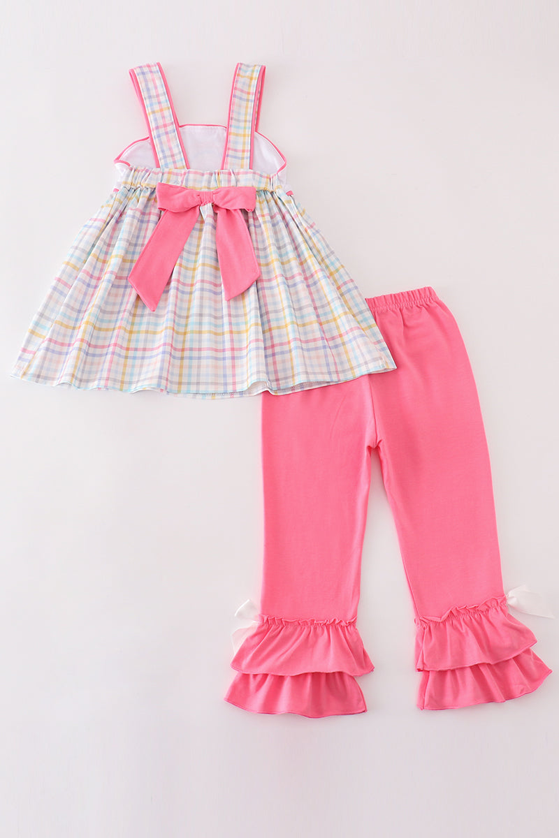 Rainbow pumpkin embroidery plaid girl set