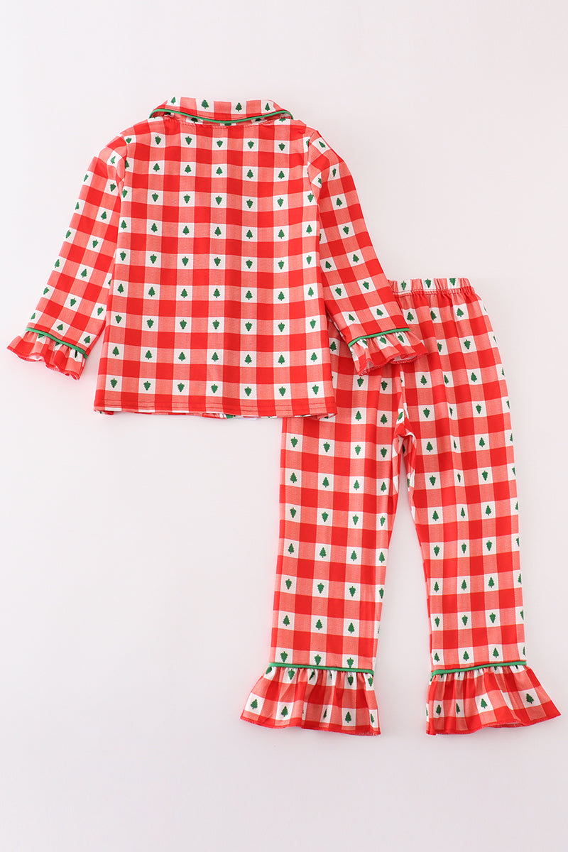 Red christmas tree gingham girl pajamas set