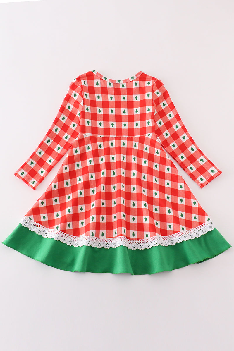 Red christmas tree gingham girl dress