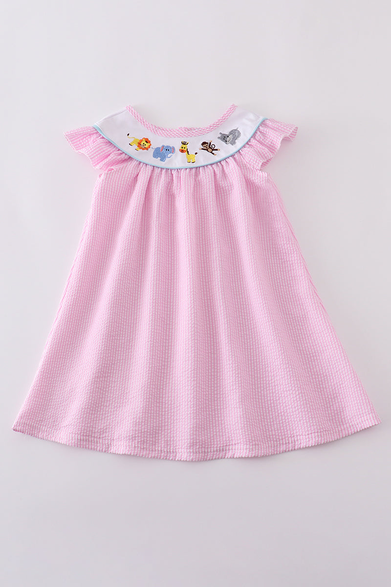 Pink seersucker animal embroidery dress