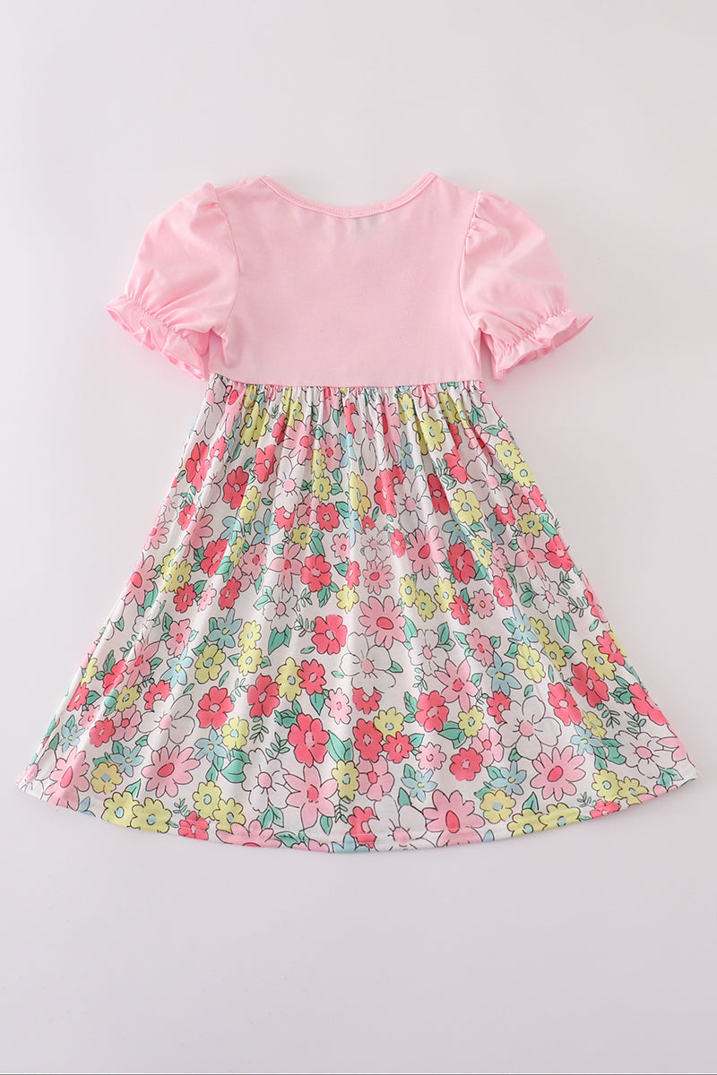 Pink floral embroidery dress