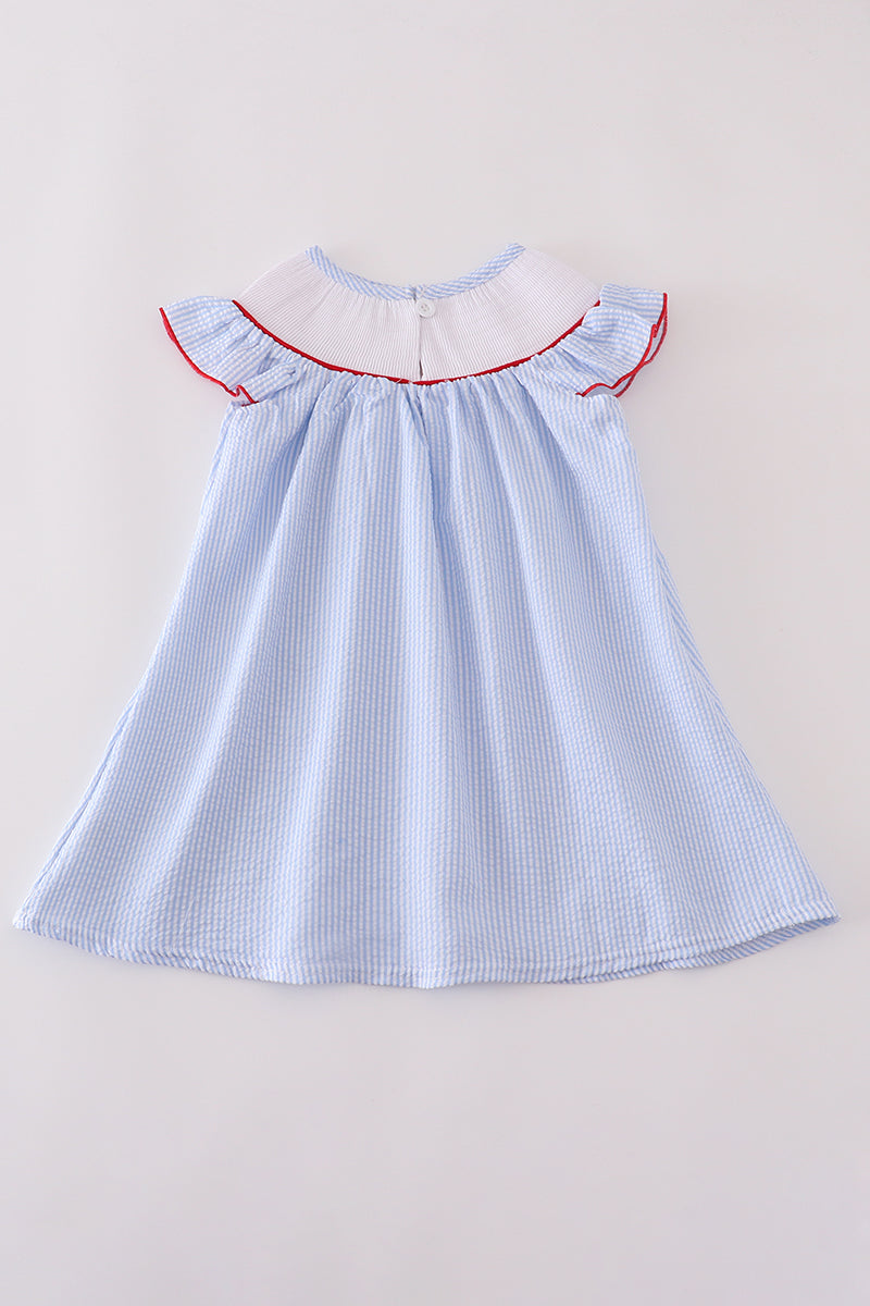 Blue seersucker crab embroidery smocked dress